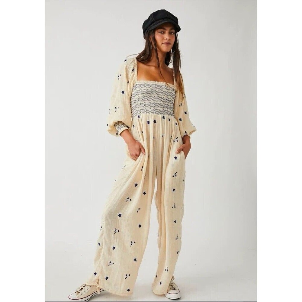 Free People Dahlia Embroidered Jumpsuit Smocked Off The Shoulder Pull-On Med NEW